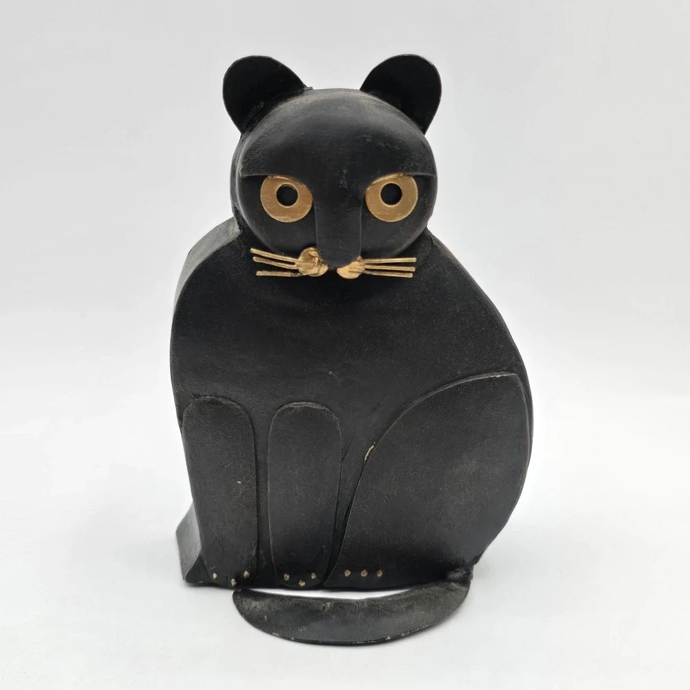 VTG Metal Iron Folk Art Cat Candlestick Holder Black Gold Cottagecore Halloween